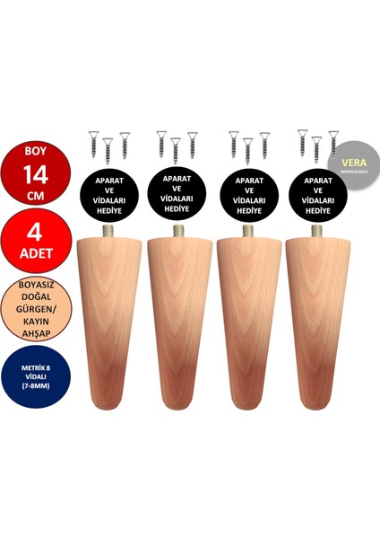 4'lü 14 cm Ahşap Konik Ayak Koltuk Ayağı Baza Ayağı Mobilya Ayağı Dolap Ayağı 3301000000723