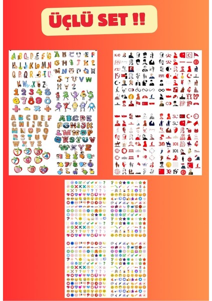Üçlü Fırsat Seti 12 Sayfa 1040 Adet Sticker Alfabe Öğretmen Sticker Atatürk Etiket Seti
