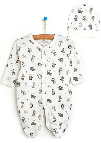 Yenidoğan Bebek Sevimli Hayvanlar Kendinden Eldivenli Çıtçıtlı Tulum-Şapka 2li Set Unisex