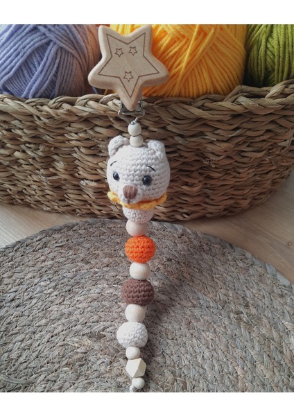 Isme Özel Ahşap Bebek Emzik Zinciri Amigurumi Ayı Yenidoğan Isimli Emzik Askısı