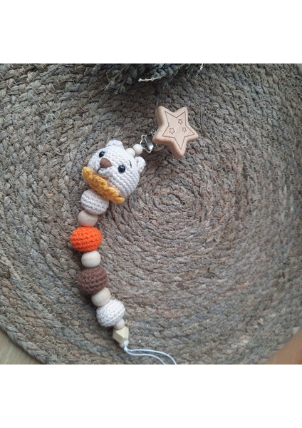 Isme Özel Ahşap Bebek Emzik Zinciri Amigurumi Ayı Yenidoğan Isimli Emzik Askısı