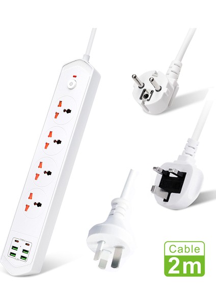 Yeni Nesil 10 Girişli 4+4 USB + 2 Type-C Çoklu Priz 2m Kablolu Akım Korumalı Anahtarlı Uzatma Priz