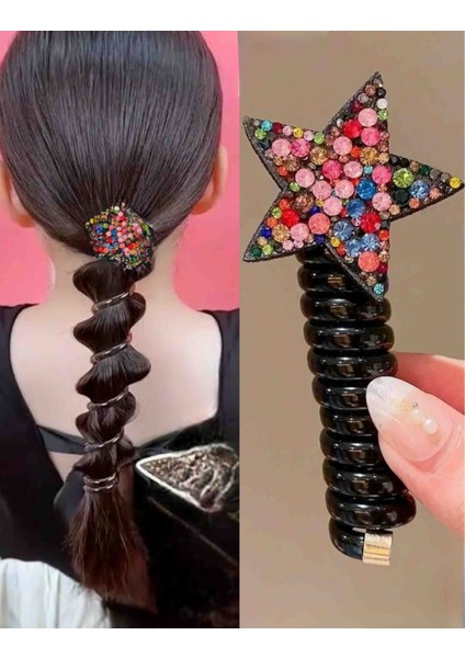 Yıldızlı Kıvır Kıvır Toka Spiral Renkli Taşlı Yay Toka At Kuyruk Saç Tokası
