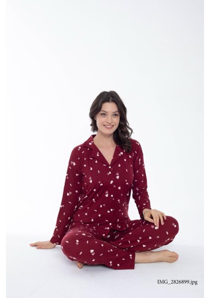 Uzun Kollu Milan Kumaş Gömlek Yaka Kadın Pijama Takımı