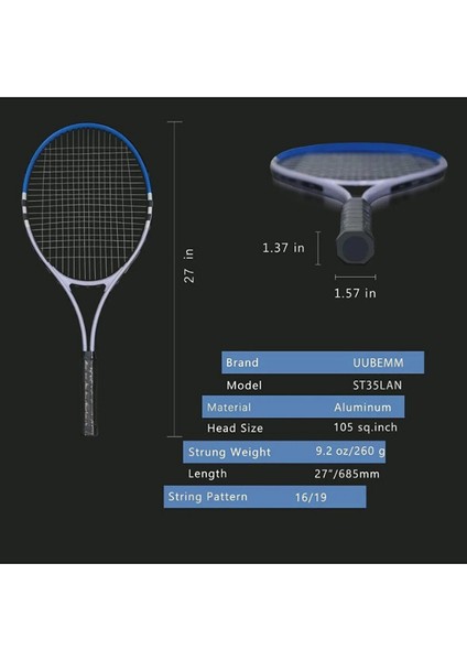 27INÇ Yetişkin Tenis Raketi "2 Adet" ve "3 Adet" Tenis Topu, Deluxe Tenis Çantası