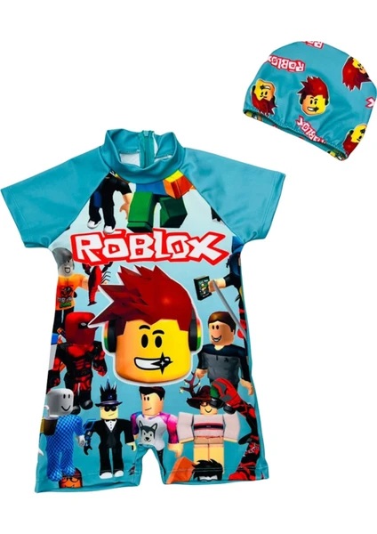 Lolli Boom Kids  Roblox Baskı Desen Çok Renkli Kısa Kollu Vücut Mayo ve Bone Takımı 2'li Set Sırt Fermuarlı Son Sezon