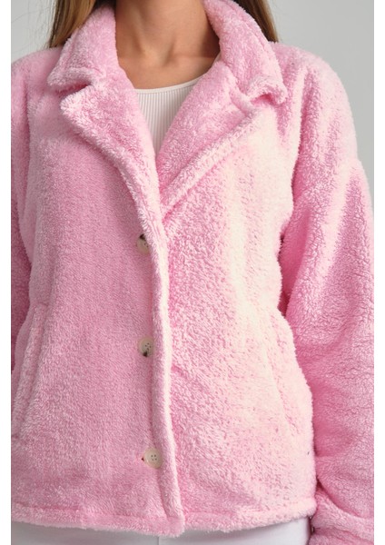 Pembe Düğmeli Kadın Peluş Ceket