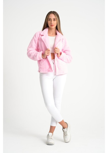 Pembe Düğmeli Kadın Peluş Ceket