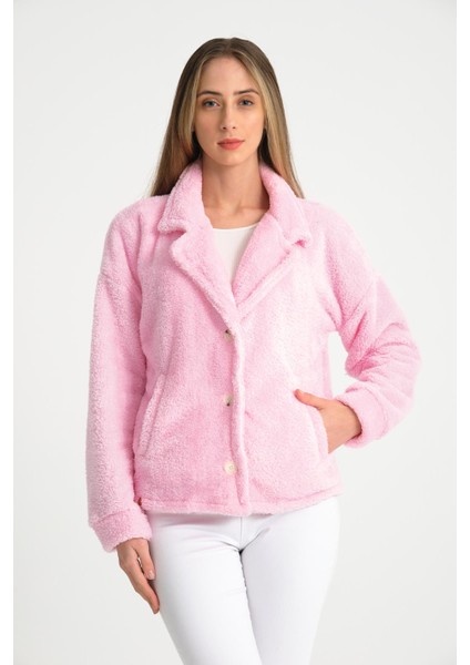 Pembe Düğmeli Kadın Peluş Ceket