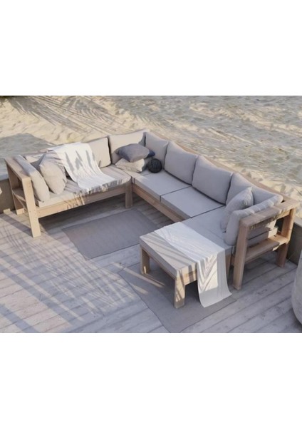 Bambou Bahçe Balkon Teras Ahşap U Model Köşe Koltuk Takımı