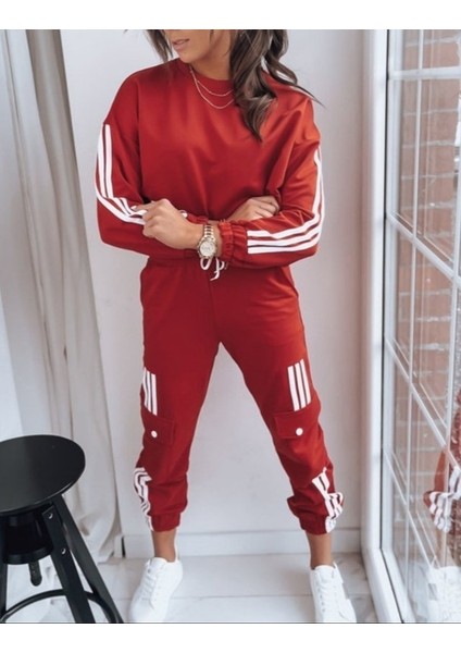 Kadın Beyaz Şerit Detay Kargo Cep Iki Iplik Ikili Takım