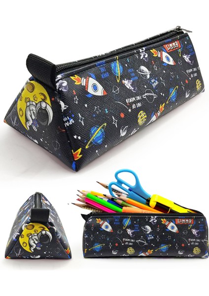 Kalem Kutusu Astronot Uzay Astronaut Üçgen Kalemkutu Jumbo Vegan Deri Kalemlik