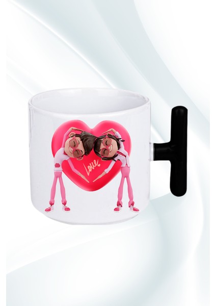 Mutlu Çiftler Love Kalp Baskılı Hediye T Saplı Kupa Bardak Porselen Çay Kahve Fincanı