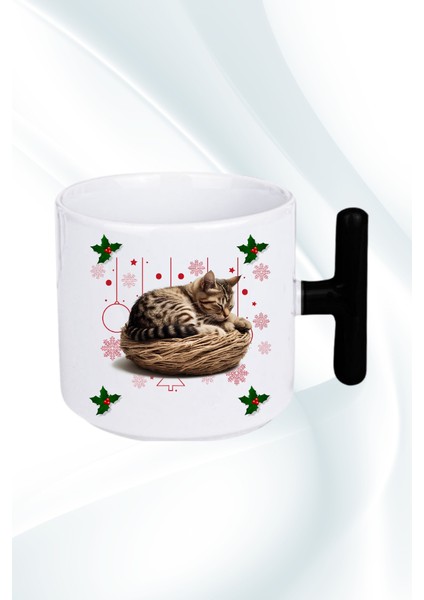 Yeni Yıl Uykucu Kedi Baskılı T Saplı Kupa Bardak Porselen Çay Kahve Fincanı