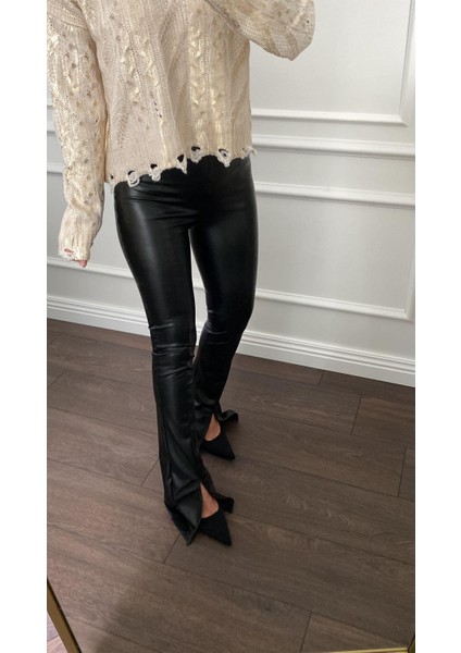 Önü Yırtmaçlı Suni Deri Siyah Tayt modelleri