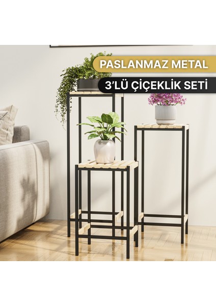 Çiçeklik 3 Lü Set Ahşap Saksılık Dekoratif Lüks Bahçe Mobilyası Saksı Standı Bahçe Balkon Rafı