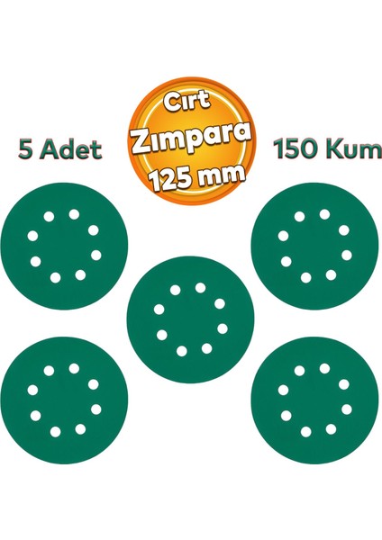 Delikli 125 mm Cırt Zımpara 150 Kum Yeşil Kaporta Boya Duvar Metal Mobilya Cila Parlatma 5 Adet