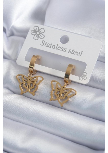 E-Bijuteri Çelik Gold Renk Kelebek Model Kadın Küpe
