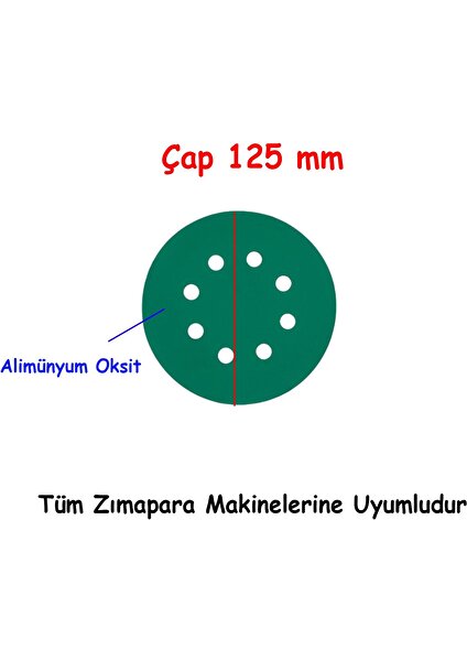 Delikli 125 mm Yeşil Cırt Zımpara Taşlama 180 Kum Kaporta Boya Duvar Metal Cila Parlatma 5 Adet