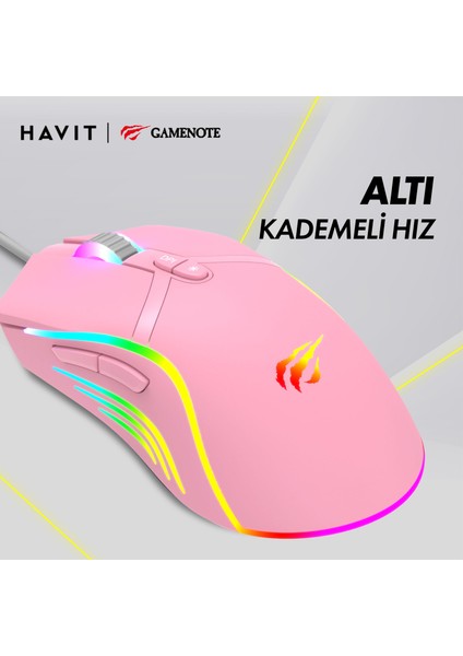 Gamenote MS1026 Rgb Uyumlu Pembe Gaming Oyuncu Mouse 6400DPI