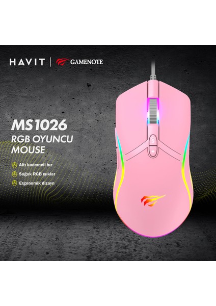 Gamenote MS1026 Rgb Uyumlu Pembe Gaming Oyuncu Mouse 6400DPI