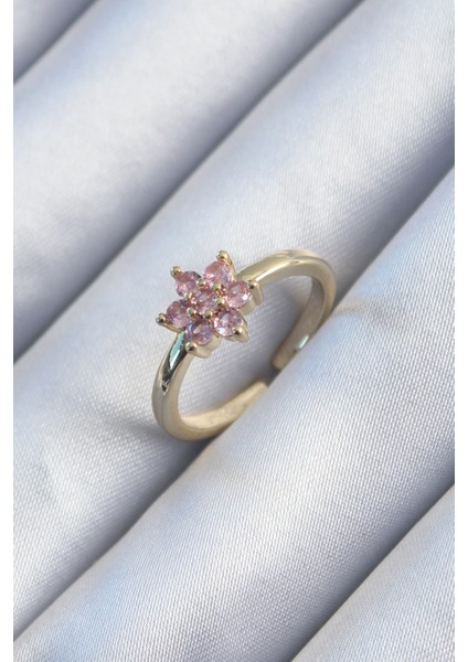 Pirinç Gold Renk Pembe Zirkon Taş Lotus Model Kadın Yüzük