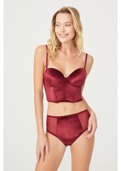 Kadife Korseli Bordo Bralet Büstiyer Sütyen Takımı
