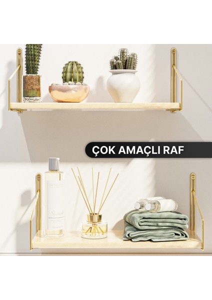 Raf Duvar Rafı Parlak Gold Kaplama Masif Ahşap Duvar Rafı 2li Set Lüks Dekoratif Banyo Mutfak Rafı