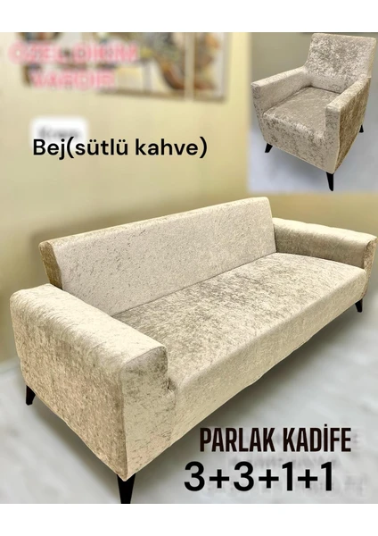 Kadife 3 3 1 1 Lastikli Kanepe Örtüsü | Lastikli Koltuk Örtüsü | Koltuk Kılıfı Takımı Bej Renk