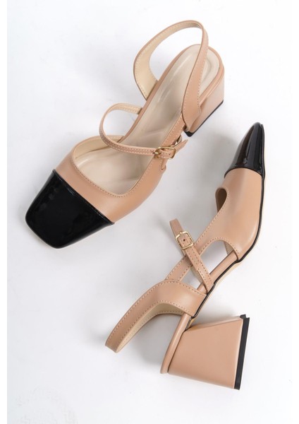 Tenba Çift Renkli Mary Jane Siyah Rugan Ten Mat Kalın Topuklu Küt Burun Bantlı Ayakkabı