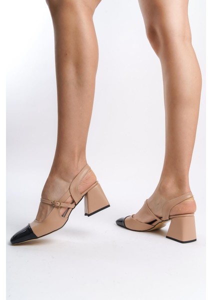 Tenba Çift Renkli Mary Jane Siyah Rugan Ten Mat Kalın Topuklu Küt Burun Bantlı Ayakkabı modelleri