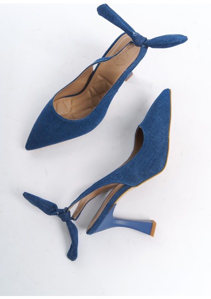 Pony Mavi Kot Arkası Açık Stiletto Fiyonklu Ayakkabı
