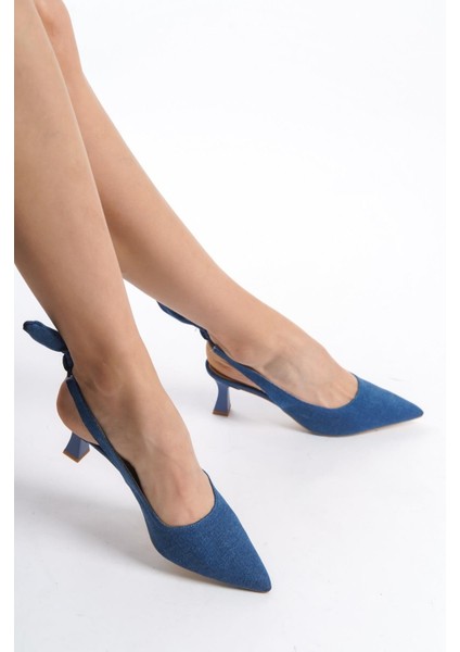 Minipony Mavi Kot Arkası Açık Stiletto Fiyonklu Ayakkabı