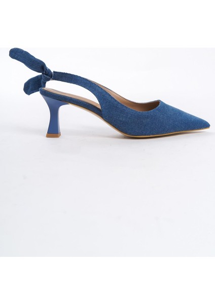 Minipony Mavi Kot Arkası Açık Stiletto Fiyonklu Ayakkabı