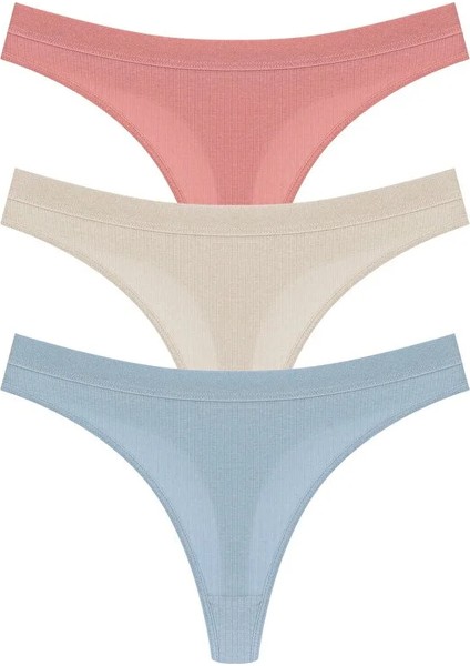 3'lü Pamuklu Fitilli Dokulu Bel Lastik Kadın Tanga Külot