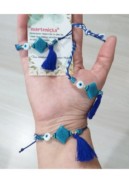Üç Adet Mavi Boncuklu Nazar Boncuklu Püsküllü Asimetrik Marteniçka Bileklik modelleri