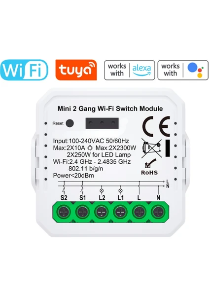 Tuya Uyumlu Ikili Wifi Akıllı Anahtar ( 2X10A / 220V Röle) Çift Çıkışlı, Anahtar Girişli, Google Asistan , Alexa Destekli