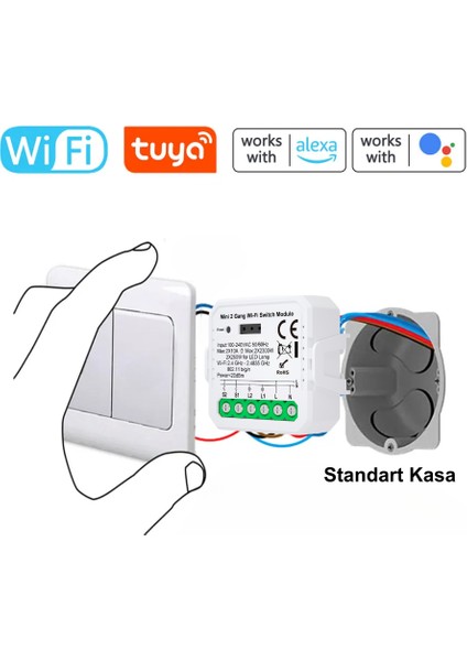 Tuya Uyumlu Ikili Wifi Akıllı Anahtar ( 2X10A / 220V Röle) Çift Çıkışlı, Anahtar Girişli, Google Asistan , Alexa Destekli