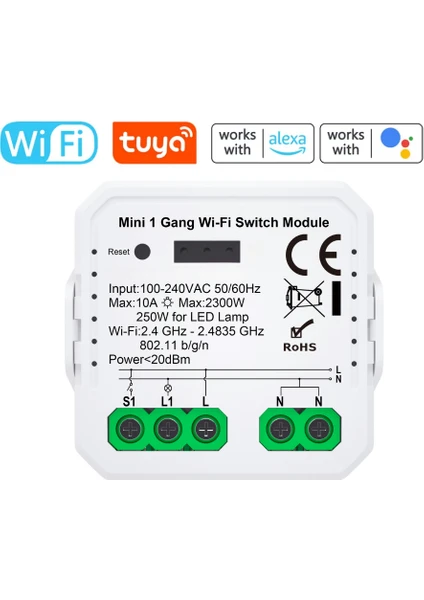 Tuya Uyumlu Tekli Wifi Akıllı Anahtar (10A - 220V Röle) - Tek Çıkışlı, Anahtar Girişli, Google Asistan, Alexa Destekli Switch