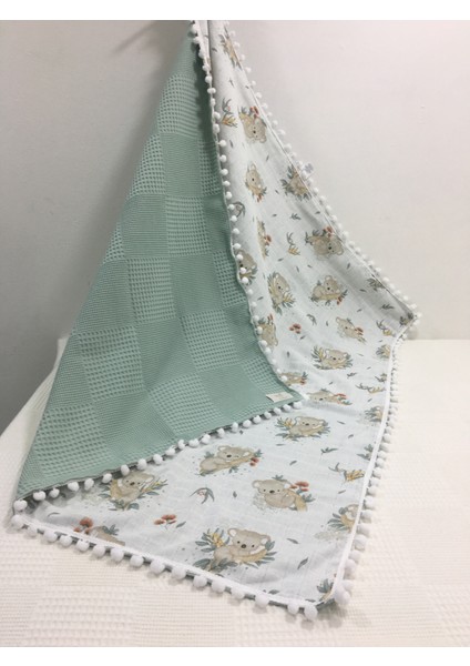 Muslin Kumaş ,pikeli ve Ponponlu , %100 Pamuklu Çok Amaçlı Bebek Battaniyesi