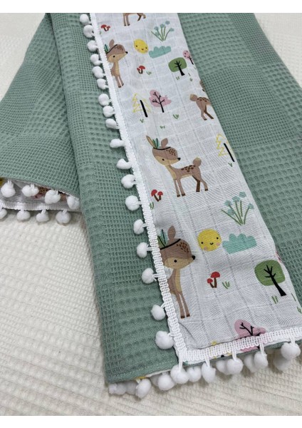 Muslin Kumaş ,pikeli ve Ponponlu , %100 Pamuklu Çok Amaçlı Bebek Battaniyesi
