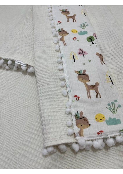 Muslin Kumaş ,pikeli ve Ponponlu , %100 Pamuklu Çok Amaçlı Bebek Battaniyesi