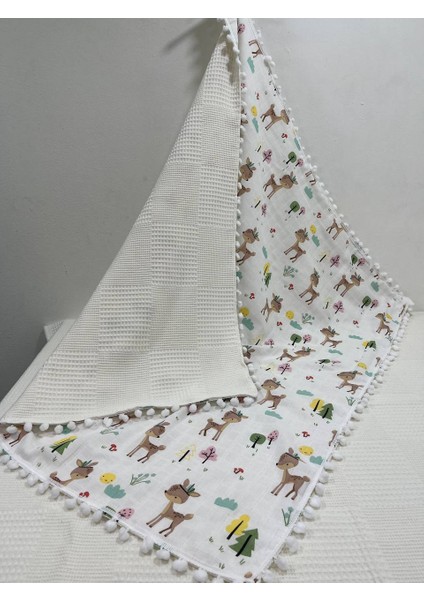 Muslin Kumaş ,pikeli ve Ponponlu , %100 Pamuklu Çok Amaçlı Bebek Battaniyesi