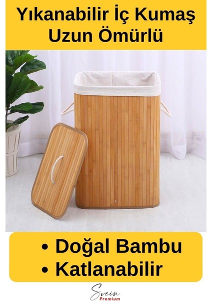Kapaklı El Yapımı Dekoratif Modern Doğal Ahşap Bambu Banyo Kirli Çamaşır Sepeti 40 x 30 x 60 cm
