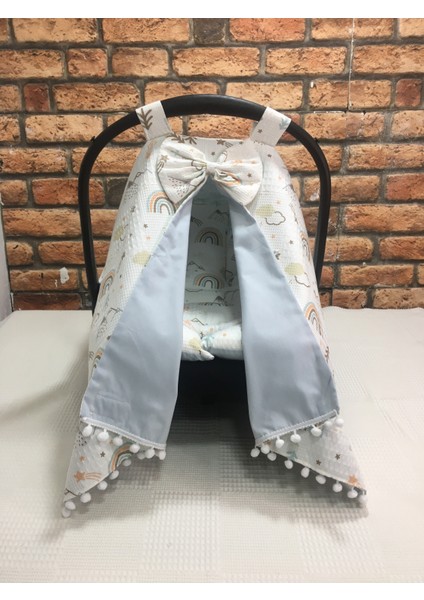 Mavi Pikeli ve Poplin Kumaş, Ponponlu Puset Örtüsü ve Puset Minderi 2'li Set