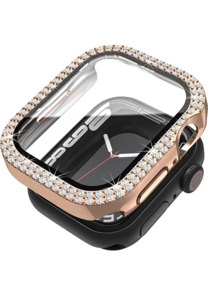 Apple Watch Elmas Cam+Kasa Koruyucu 45MM Zarif Şık Tasarım Akıllı Saat Koruyucu Kılıfı