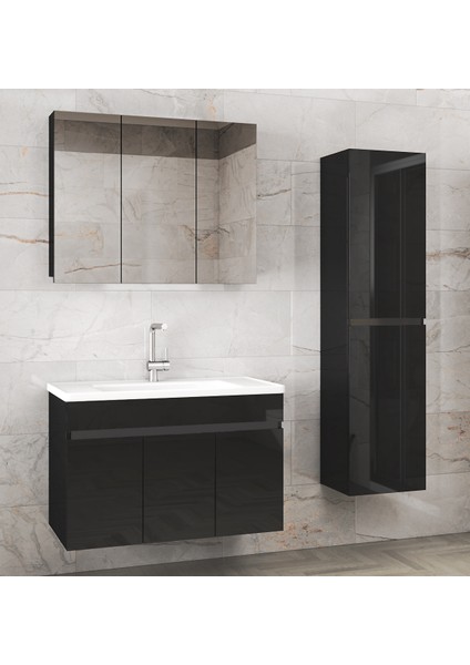Viola3-Siyah (100+35) 135 cm Mdf-Aynalı Seramik Lavabolu Banyo Dolabı Takımı**demonte Değil**