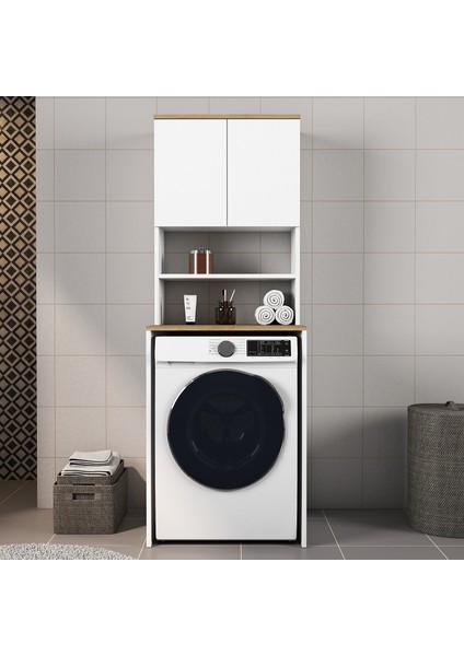 Mobilya Çamaşır Makinesi Dolabı Kapaklı Banyo Dolabı Alt Üst Takım Beyaz