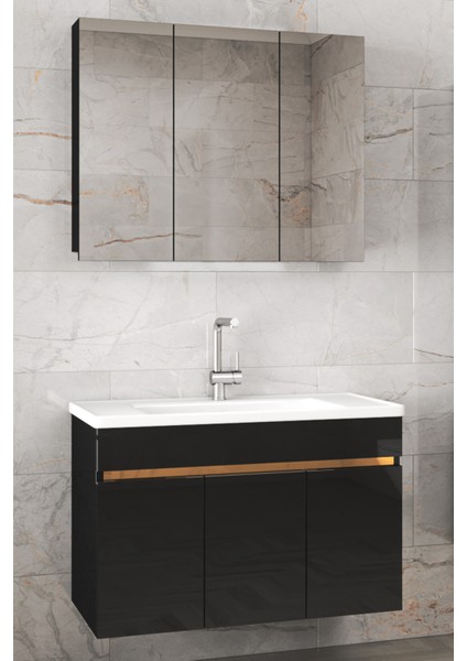 Viola3-S Siyah 100 cm Mdf-Aynalı Seramik Lavabolu Banyo Dolabı Takımı**demonte Değil**