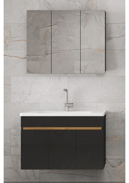 Viola3-S Siyah 100 cm Mdf-Aynalı Seramik Lavabolu Banyo Dolabı Takımı**demonte Değil** modelleri